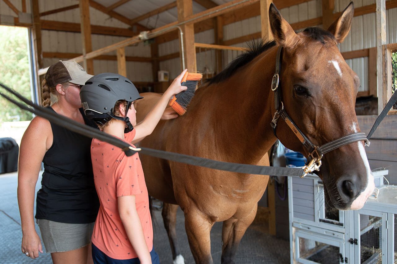 A young boy and therapist brush a horse in a barn during a hippotherapy session at Carolina Therapeutic Ranch in Rock Hill, SC